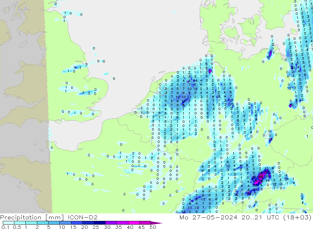 Precipitation ICON-D2 Mo 27.05.2024 21 UTC