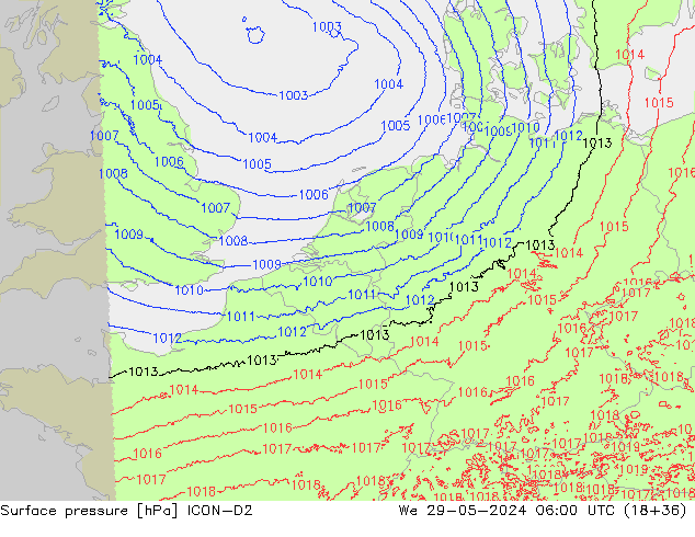 Surface pressure ICON-D2 We 29.05.2024 06 UTC