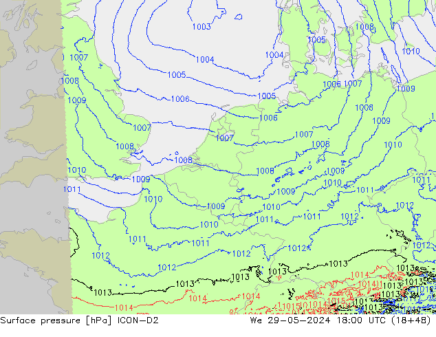 Luchtdruk (Grond) ICON-D2 wo 29.05.2024 18 UTC