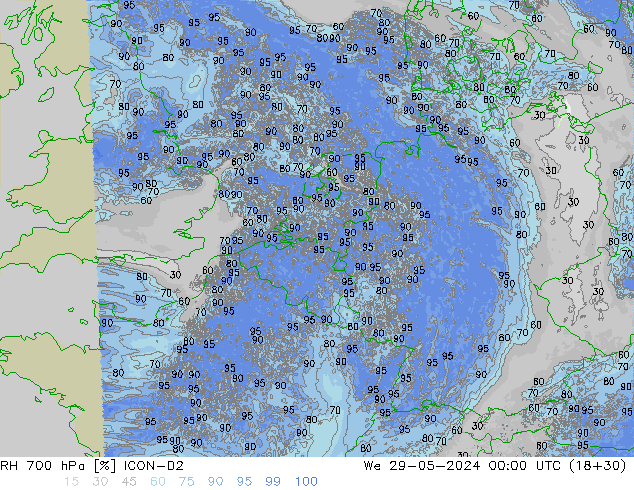 Humidité rel. 700 hPa ICON-D2 mer 29.05.2024 00 UTC