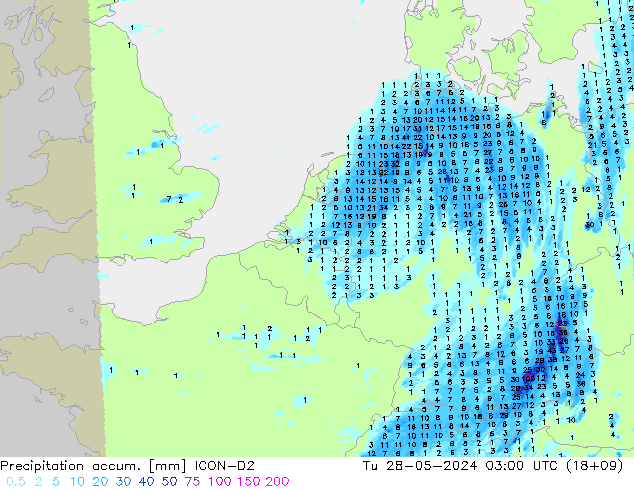 Precipitation accum. ICON-D2 mar 28.05.2024 03 UTC