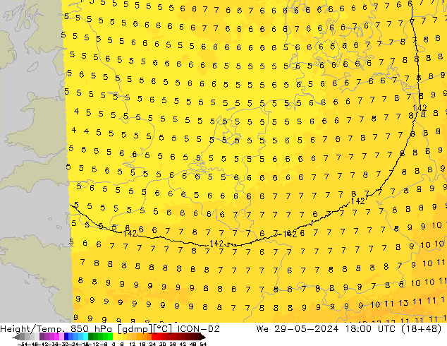 Height/Temp. 850 hPa ICON-D2 We 29.05.2024 18 UTC