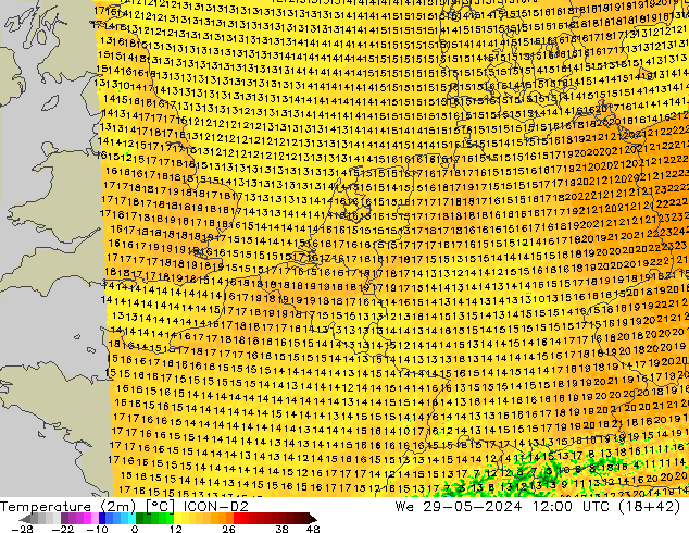 Sıcaklık Haritası (2m) ICON-D2 Çar 29.05.2024 12 UTC