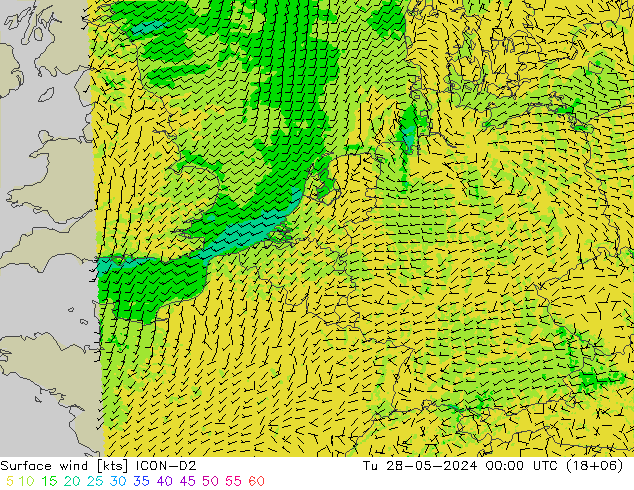 Surface wind ICON-D2 Tu 28.05.2024 00 UTC