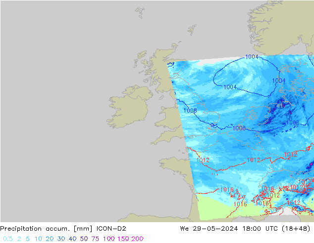 Precipitation accum. ICON-D2 We 29.05.2024 18 UTC