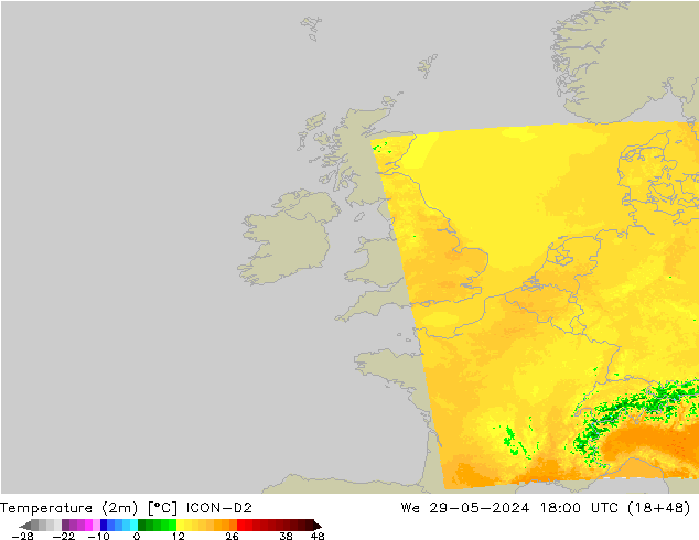 Temperatuurkaart (2m) ICON-D2 wo 29.05.2024 18 UTC