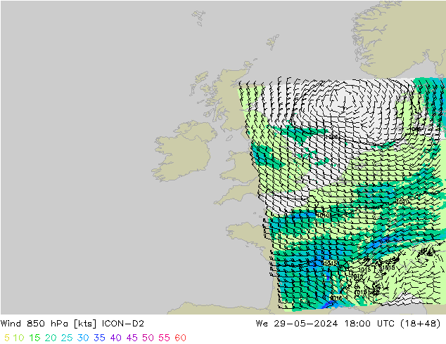 Viento 850 hPa ICON-D2 mié 29.05.2024 18 UTC