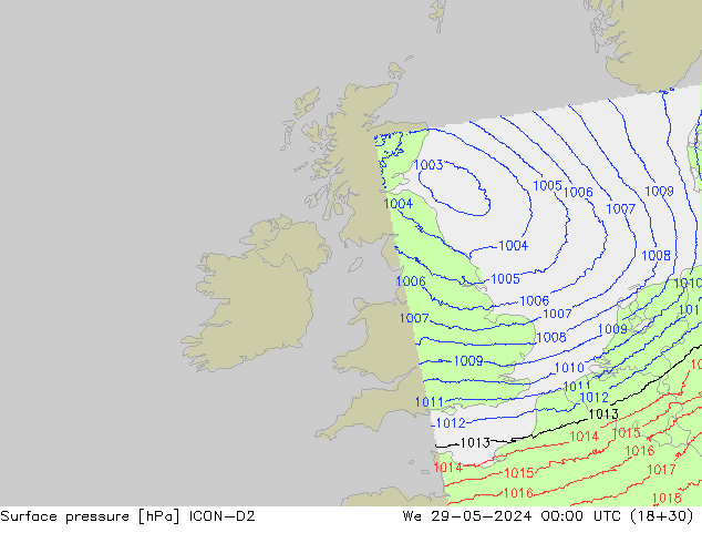 Surface pressure ICON-D2 We 29.05.2024 00 UTC