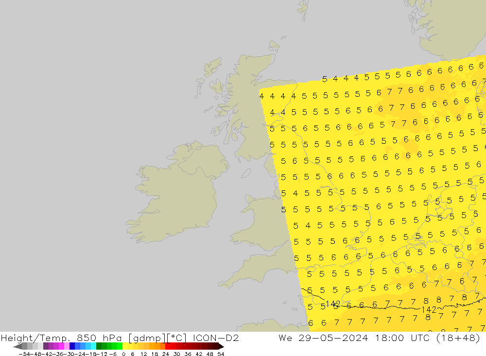 Height/Temp. 850 hPa ICON-D2 Mi 29.05.2024 18 UTC