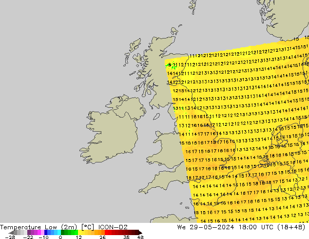 Nejnižší teplota (2m) ICON-D2 St 29.05.2024 18 UTC