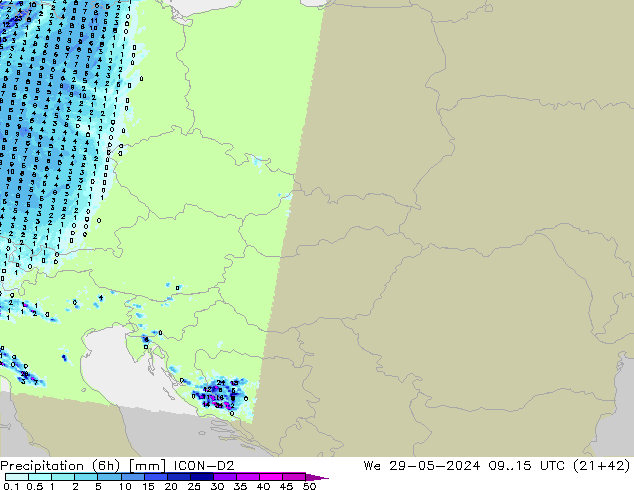 Totale neerslag (6h) ICON-D2 wo 29.05.2024 15 UTC