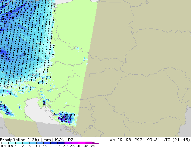 Precipitazione (12h) ICON-D2 mer 29.05.2024 21 UTC