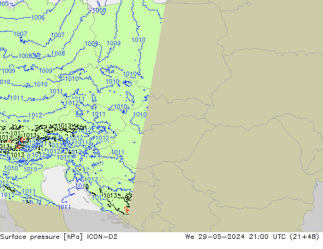 Surface pressure ICON-D2 We 29.05.2024 21 UTC