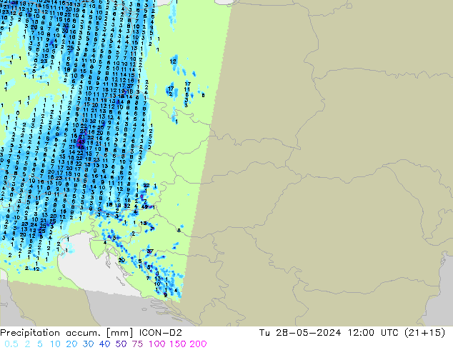 Precipitation accum. ICON-D2 Ter 28.05.2024 12 UTC