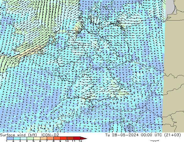 Bodenwind (bft) ICON-D2 Di 28.05.2024 00 UTC