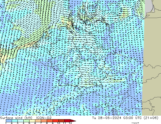 Surface wind (bft) ICON-D2 Tu 28.05.2024 03 UTC