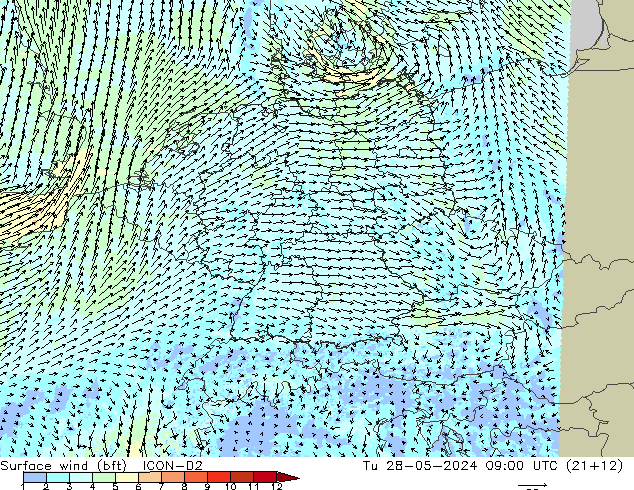 Bodenwind (bft) ICON-D2 Di 28.05.2024 09 UTC