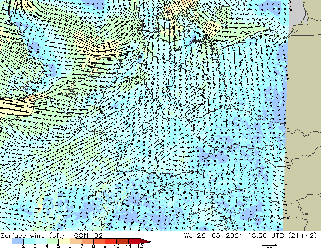 Surface wind (bft) ICON-D2 We 29.05.2024 15 UTC