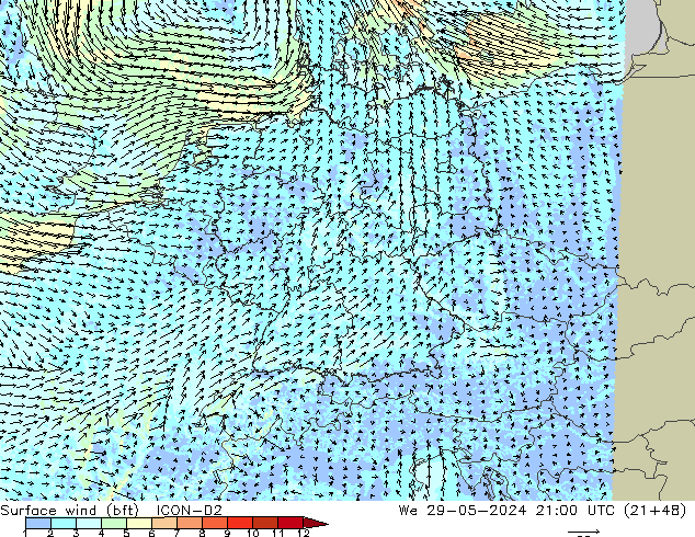 Surface wind (bft) ICON-D2 We 29.05.2024 21 UTC