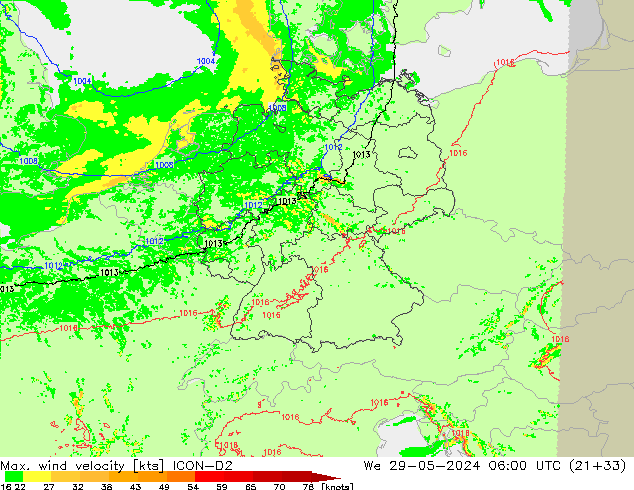 Max. wind snelheid ICON-D2 wo 29.05.2024 06 UTC