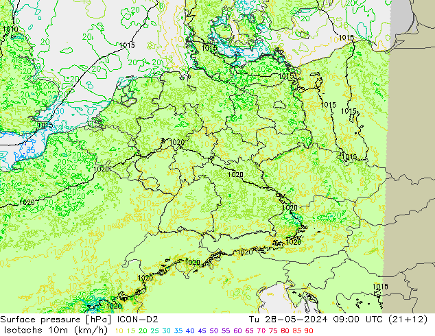 Isotachs (kph) ICON-D2 Út 28.05.2024 09 UTC