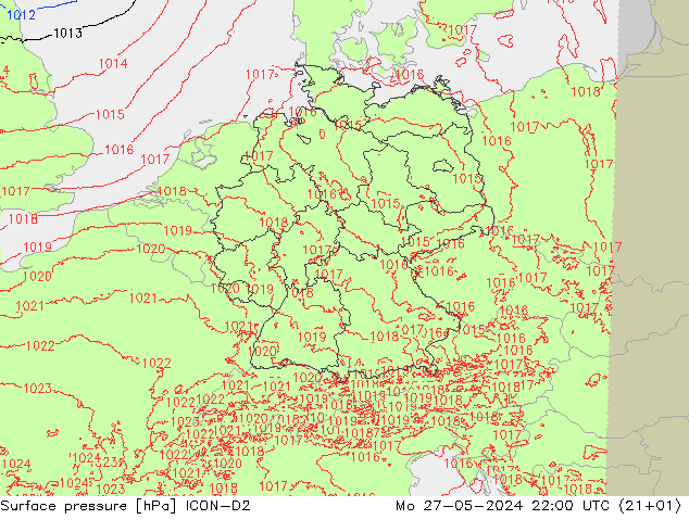 Surface pressure ICON-D2 Mo 27.05.2024 22 UTC