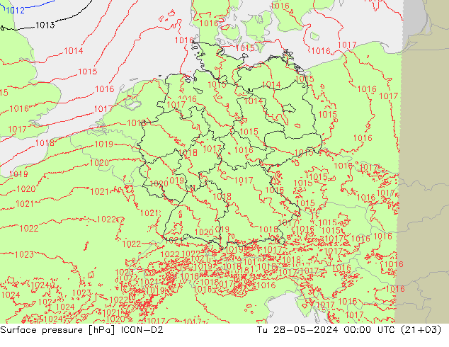 Presión superficial ICON-D2 mar 28.05.2024 00 UTC