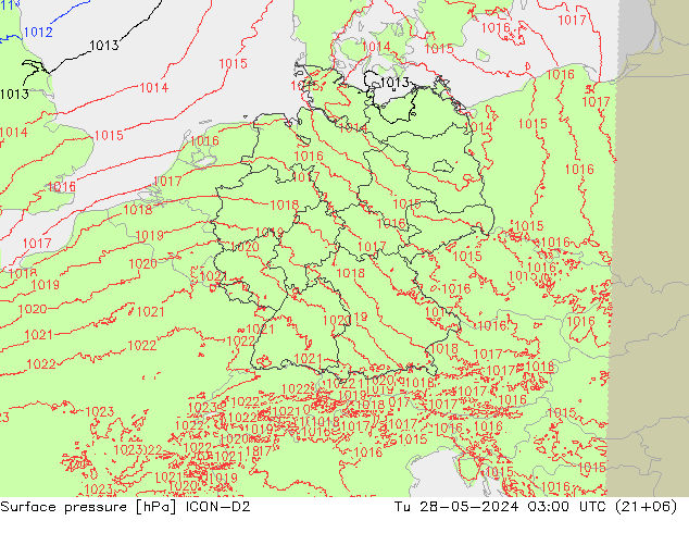 Surface pressure ICON-D2 Tu 28.05.2024 03 UTC