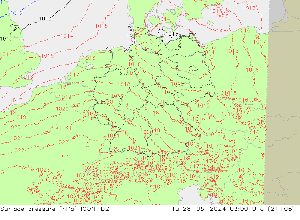 Surface pressure ICON-D2 Tu 28.05.2024 03 UTC