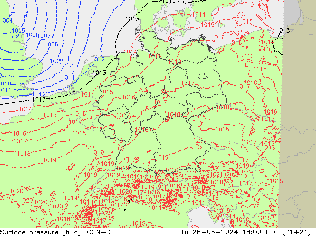 Surface pressure ICON-D2 Tu 28.05.2024 18 UTC