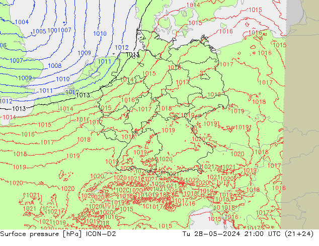 Surface pressure ICON-D2 Tu 28.05.2024 21 UTC