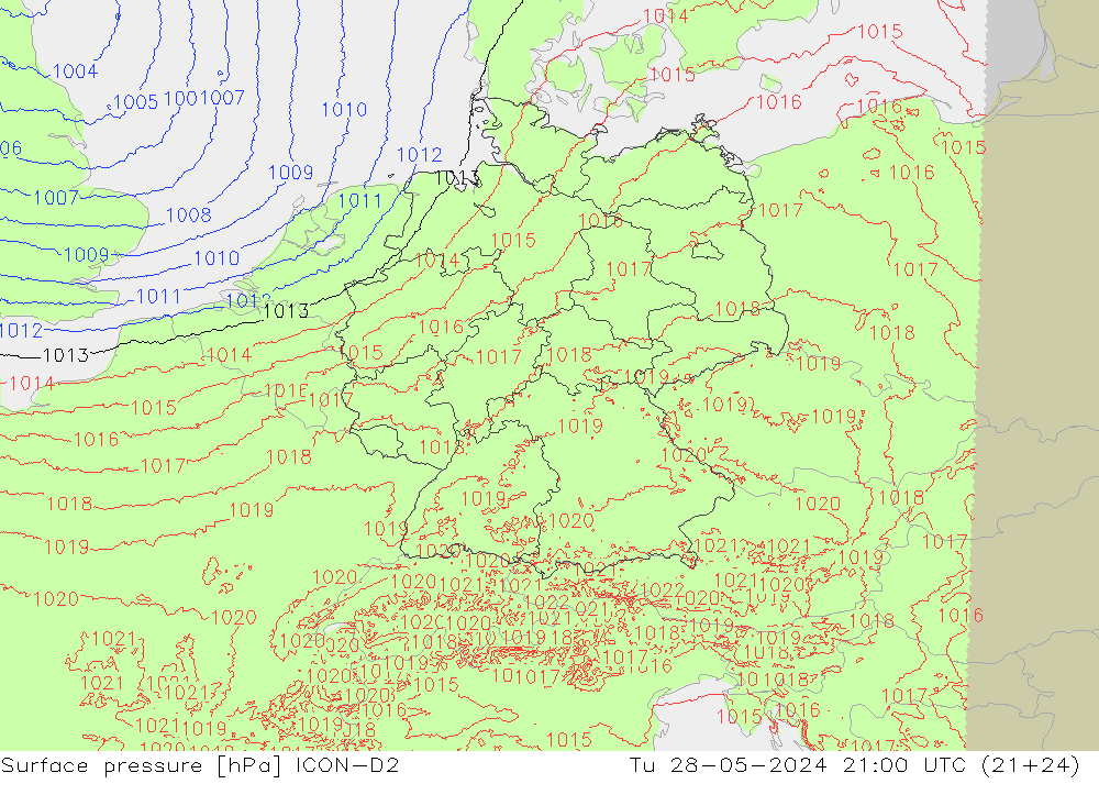 pressão do solo ICON-D2 Ter 28.05.2024 21 UTC