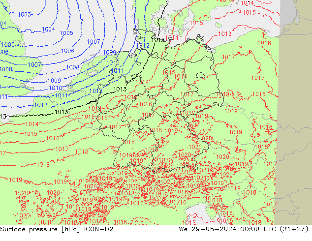 Surface pressure ICON-D2 We 29.05.2024 00 UTC