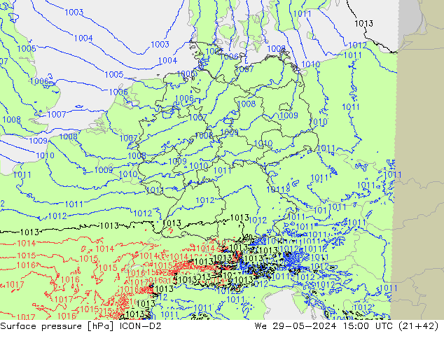 Surface pressure ICON-D2 We 29.05.2024 15 UTC