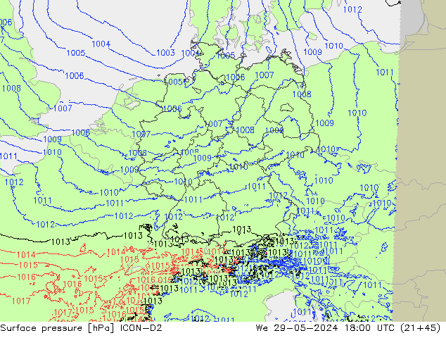 Pressione al suolo ICON-D2 mer 29.05.2024 18 UTC