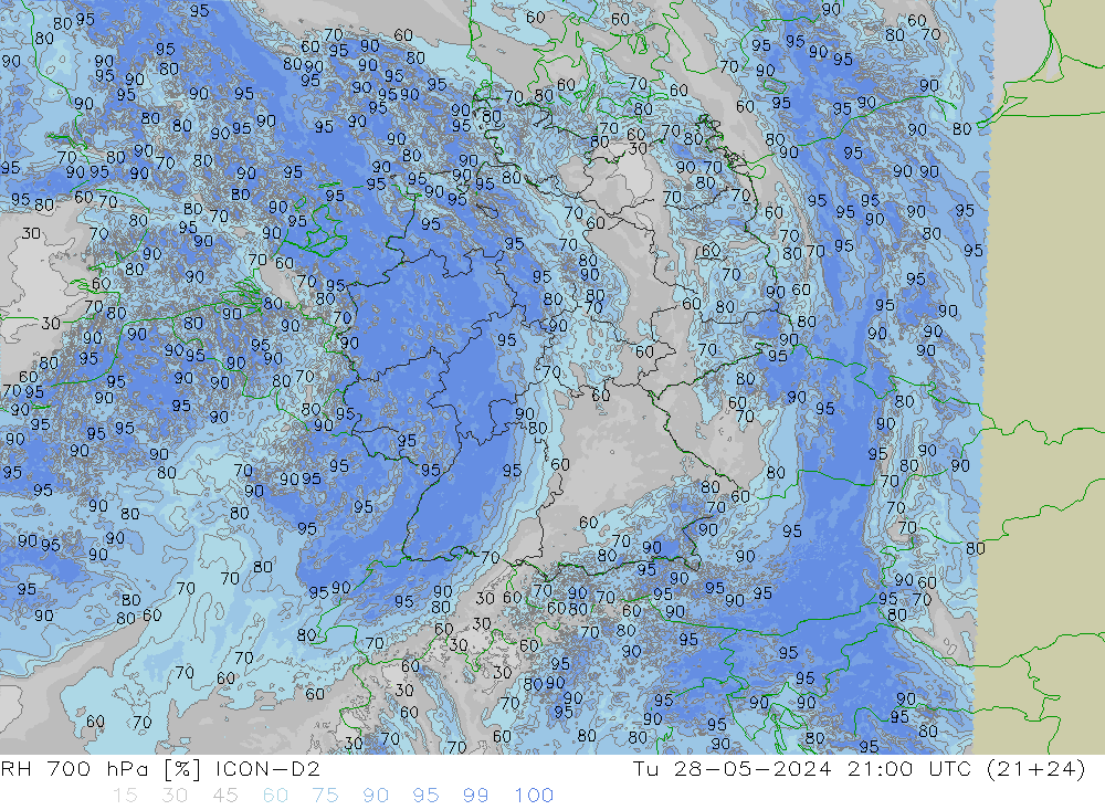 Humedad rel. 700hPa ICON-D2 mar 28.05.2024 21 UTC