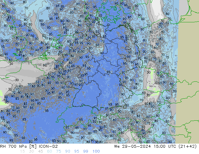 RH 700 hPa ICON-D2 śro. 29.05.2024 15 UTC