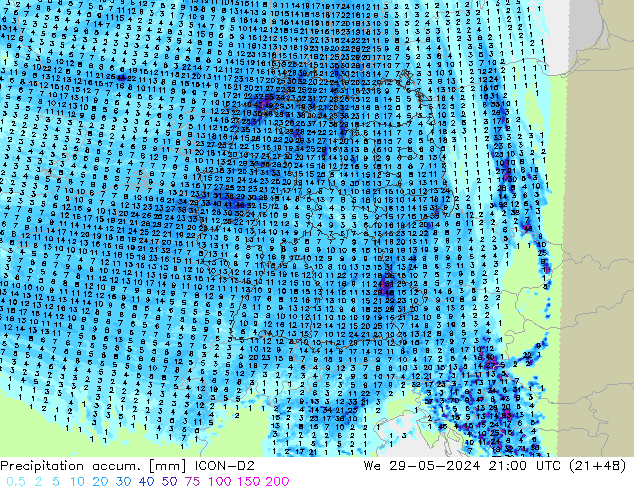 Precipitation accum. ICON-D2 mer 29.05.2024 21 UTC