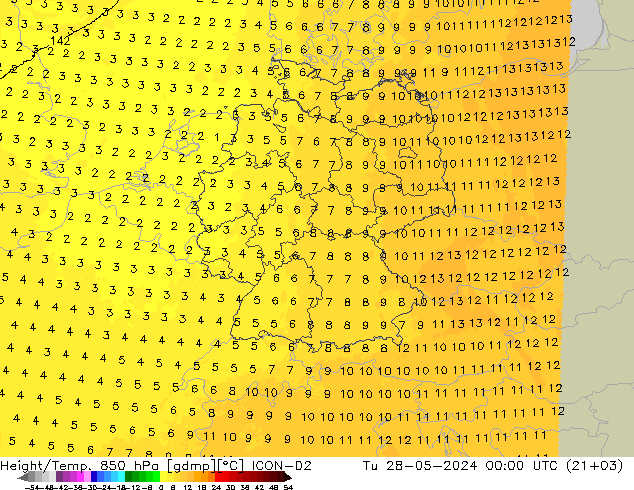 Height/Temp. 850 гПа ICON-D2 вт 28.05.2024 00 UTC