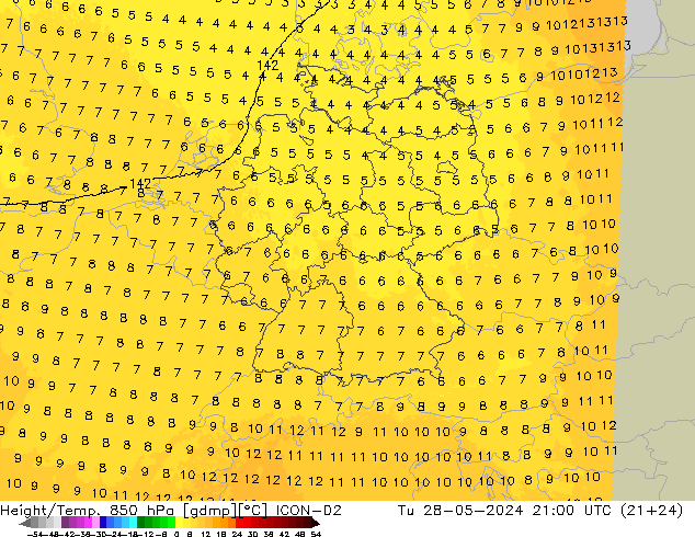 Géop./Temp. 850 hPa ICON-D2 mar 28.05.2024 21 UTC