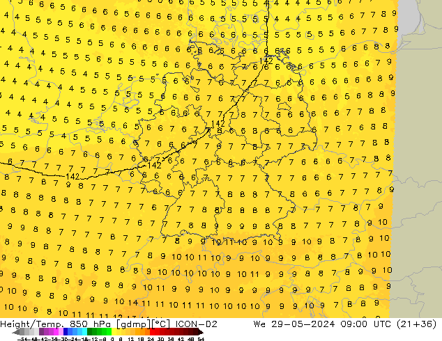 Height/Temp. 850 hPa ICON-D2 śro. 29.05.2024 09 UTC