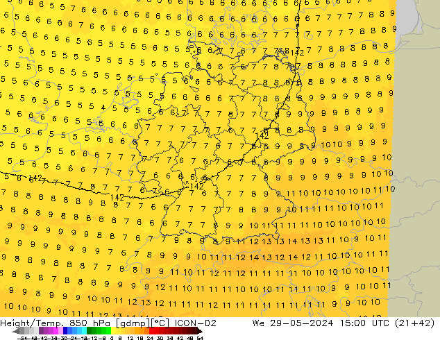 Hoogte/Temp. 850 hPa ICON-D2 wo 29.05.2024 15 UTC