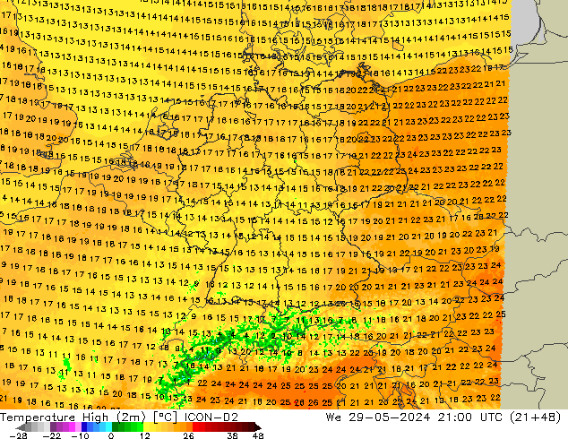 Temperatura máx. (2m) ICON-D2 mié 29.05.2024 21 UTC