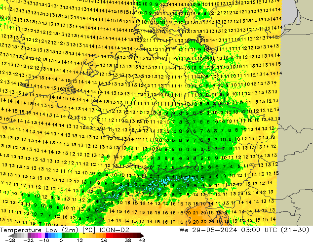 Nejnižší teplota (2m) ICON-D2 St 29.05.2024 03 UTC