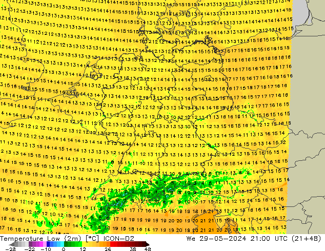 temperatura mín. (2m) ICON-D2 Qua 29.05.2024 21 UTC