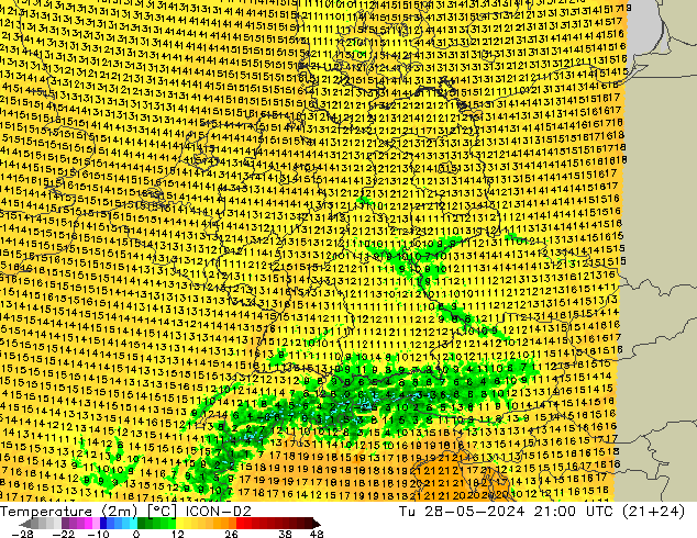 Temperature (2m) ICON-D2 Tu 28.05.2024 21 UTC