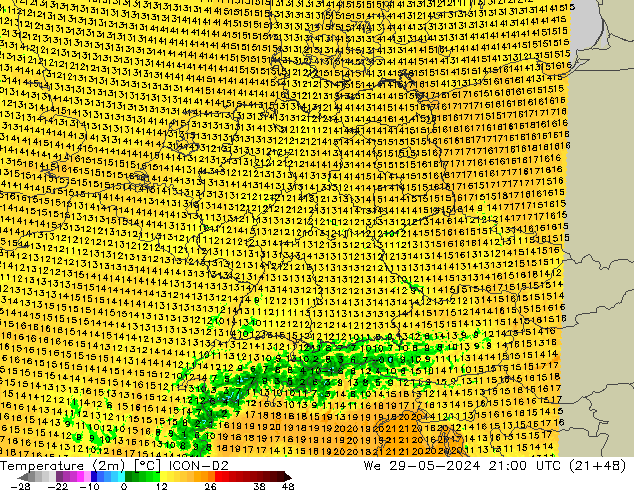 карта температуры ICON-D2 ср 29.05.2024 21 UTC