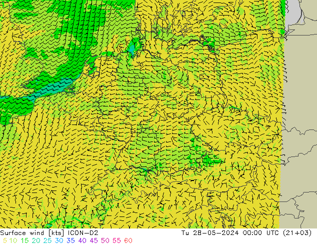 Surface wind ICON-D2 Tu 28.05.2024 00 UTC