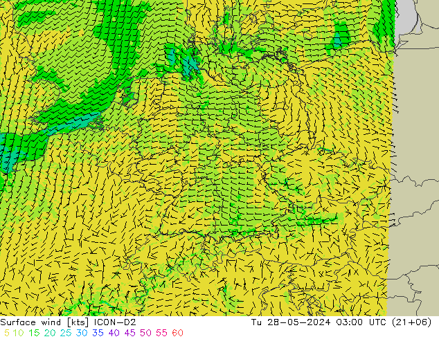 Surface wind ICON-D2 Tu 28.05.2024 03 UTC