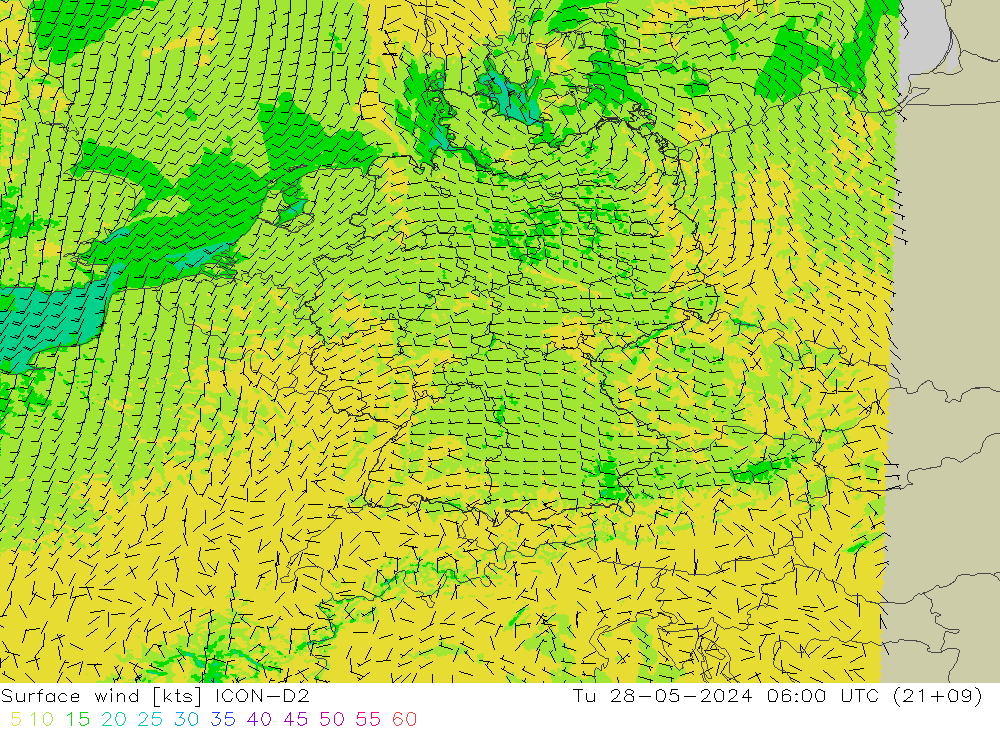 ветер 10 m ICON-D2 вт 28.05.2024 06 UTC